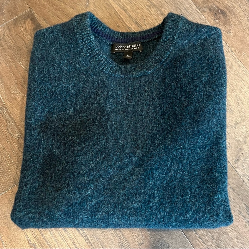Banana Republic Fine Merino Wool Crew Neck Sweater - M, Heather Teal & Navy Blue